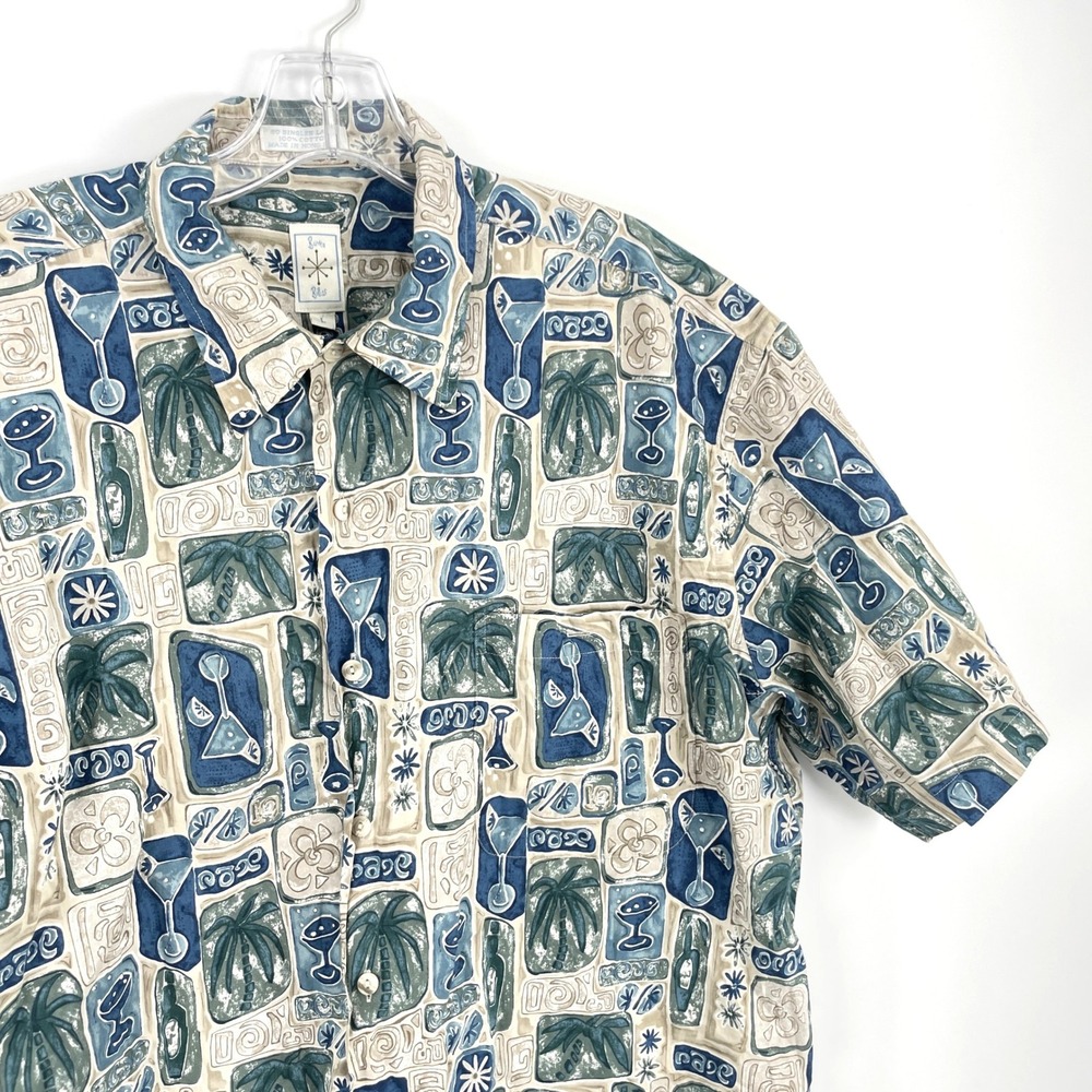 Burma Bibas Mens Large Tropical Palm Martini Button Shirt Blue Hong Kong MCM